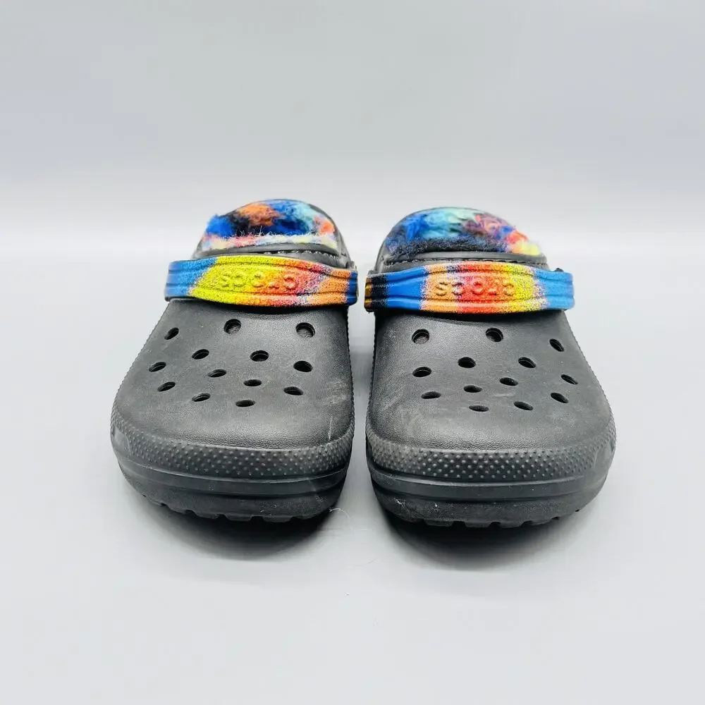 Crocs Shoes Kids 4 Black Classic Lined Clog Spray Tie Dye Fuzzy Warm Plush